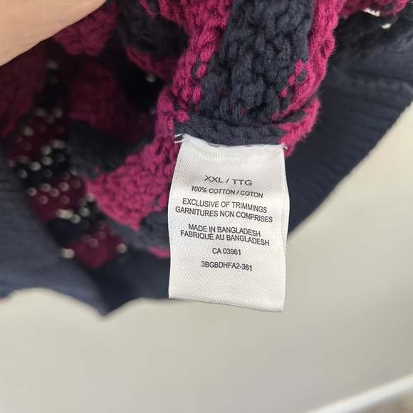 Women’s Cotton Navy & Pink Open Stitch Crochet Crewneck Chunky Striped Sweater - Picture 3 of 4